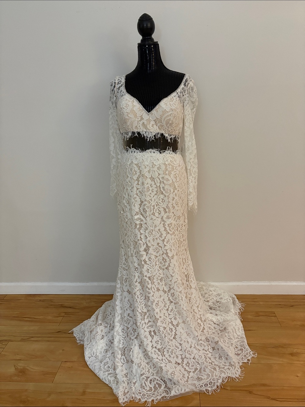 Elegant light ivory lace over champagne satin deep vLong-Sleeve Bridal Dress